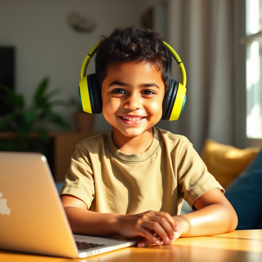 Criança feliz estudando online em casa